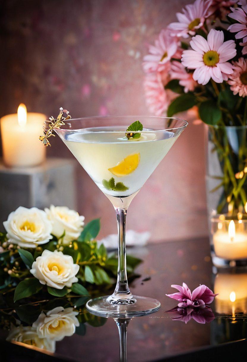 A beautifully arranged martini glass filled with a perfectly crafted gin martini, garnished with a twist of lemon and a single olive. Surrounding the glass are romantic candlelit settings with soft, glowing lights and delicate flowers in soft pink and white hues. An elegant table setting enhances the ambiance, with subtle reflections on the glass, creating a dreamy atmosphere. The backdrop hints at a cozy, intimate gathering, evoking feelings of love and connection. vibrant colors. soft focus. romantic style.