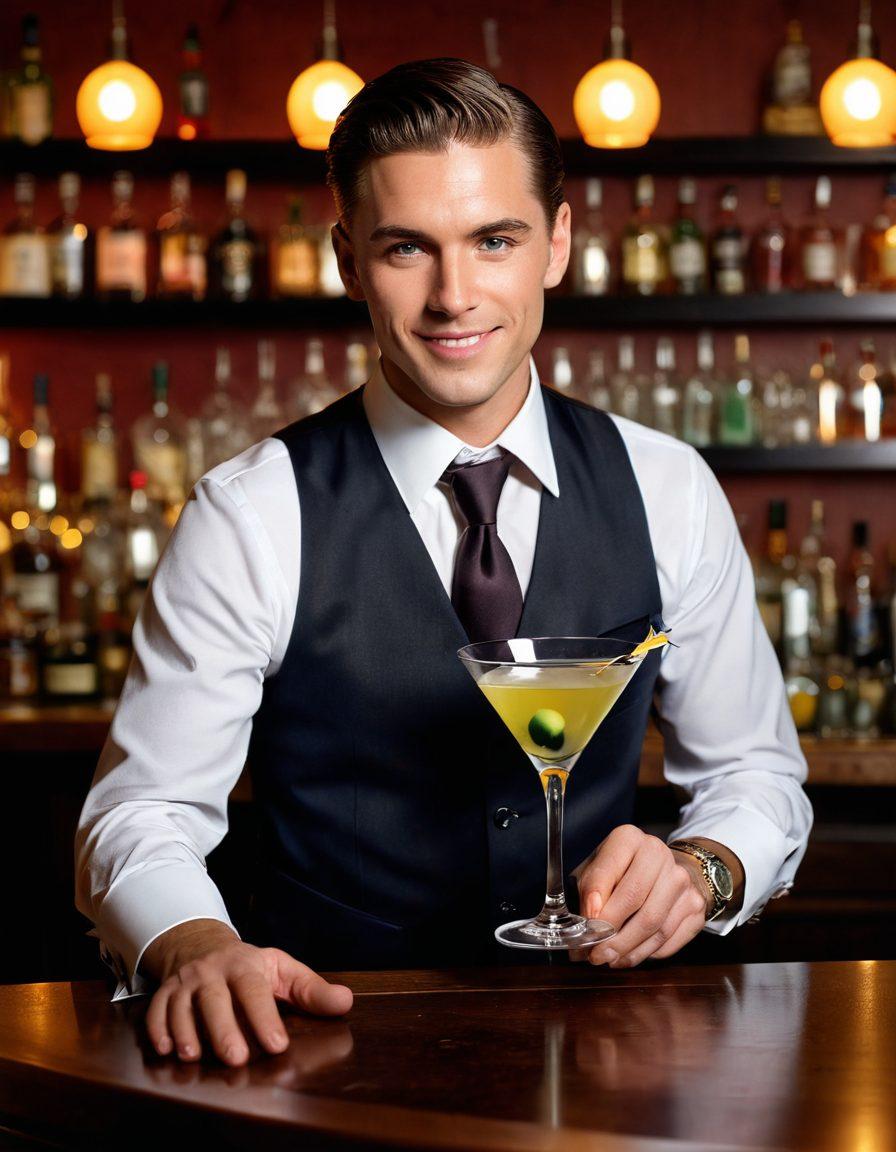 A stylish bar scene featuring a bartender expertly crafting a martini, with elegant glassware and colorful ingredients scattered around. The atmosphere is lively and celebratory, enhanced by soft lighting and festive decorations like twinkling lights. Expressions of joy and passion can be seen on the faces of patrons enjoying their drinks. Include vibrant colors and an artistic flair to the glass and cocktail elements. super-realistic. vibrant colors. soft lighting.