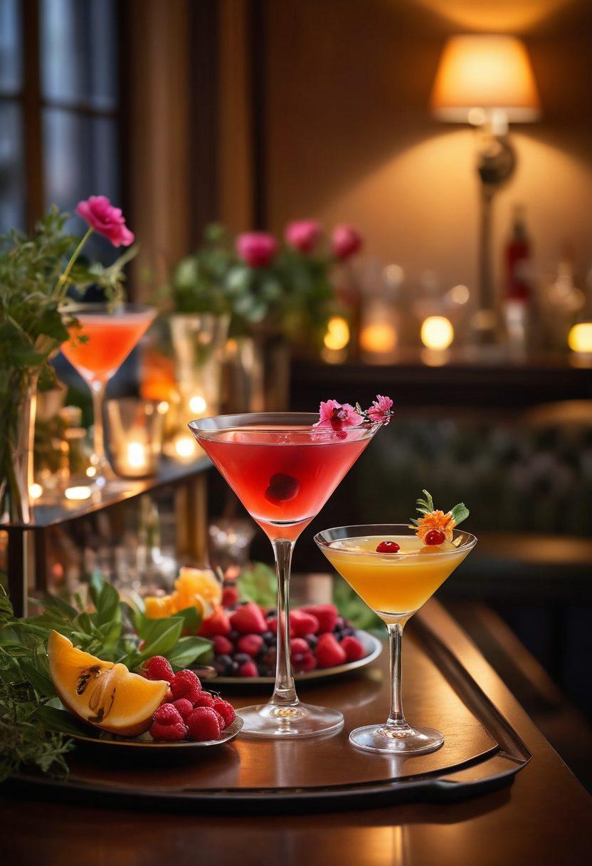 A beautifully arranged bar scene featuring elegant martini glasses filled with colorful, romantic cocktails adorned with fresh fruits and herbs. Soft candlelight flickering in the background, creating a warm and intimate atmosphere, with delicate flower arrangements and a cozy table setting surrounded by dim lighting. A dreamy evening vibe encapsulated in the setting. super-realistic. warm tones. soft focus.